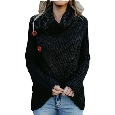 Women's Black Knitted Long Sleeve Sweater with Button Front