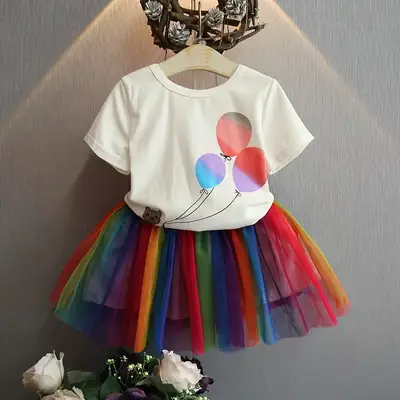 Girls Rainbow Skirt T-Shirt Set Summer 2024