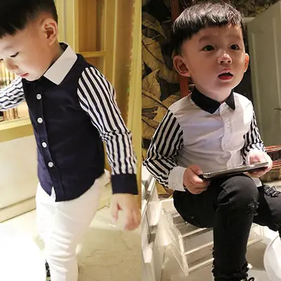 2024 Boys Long Sleeve Shirts Navy White Striped 2-6Yr