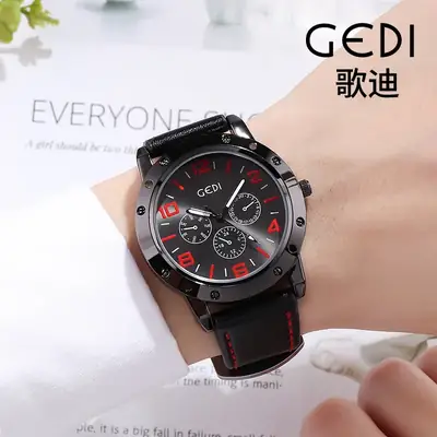 Men's Red Strap Chronograph Watch with Black Dial