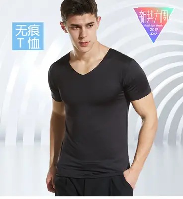 Men V-neck Silk T-Shirt Black Summer Slim Fit