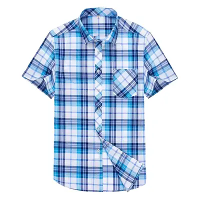 Men's Blue Plaid Short Sleeve Shirt Lapel Casual