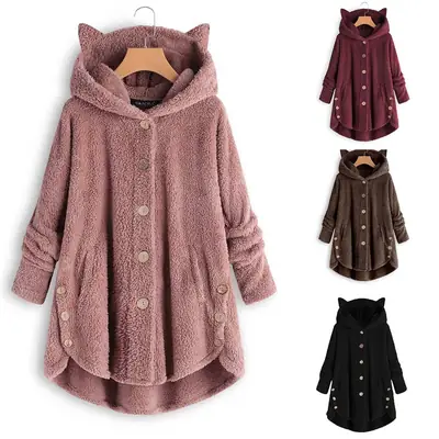Women Button Hooded Cat Ear Plush Jacket Brown