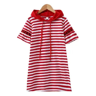 Girls Red Striped Hooded T-Shirt Dress Mid Length Pure Cotton