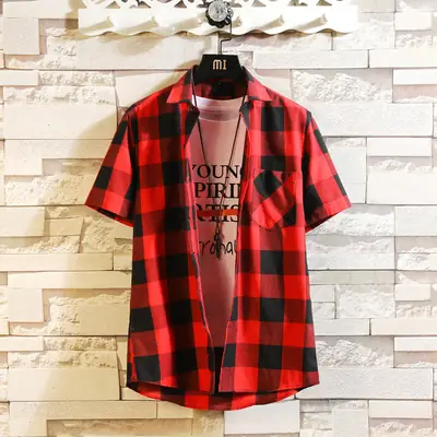 Men's Red Black Plaid Short Sleeve Shirt Summer 2021