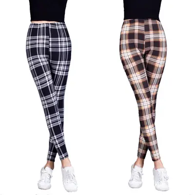Women Plaid Leggings G4 Blue Cotton Stretch