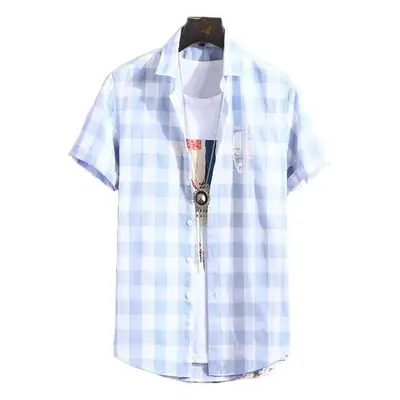 Men's Plaid Half Sleeve Shirt Light Blue