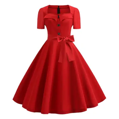 Red Button Polka Dot Swing Dress for Women