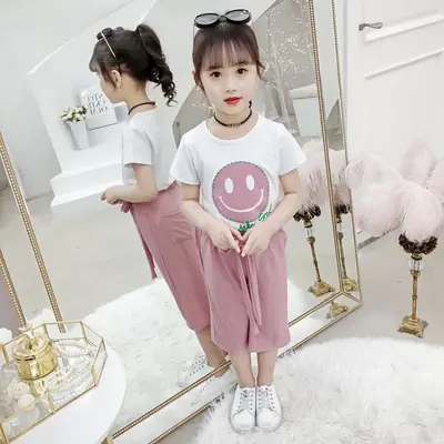 Korean Style Girls Short Sleeve Cropped Pants Suit
