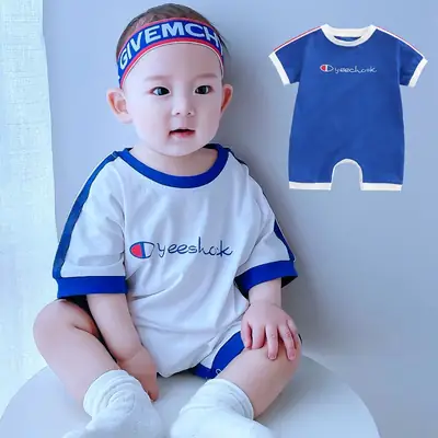 New Baby Short Sleeve Jumpsuit White Blue Crotch Climbing Suit