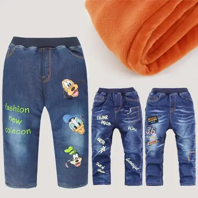 Blue Fleece Lined Kids Jeans with Themed Embroidery