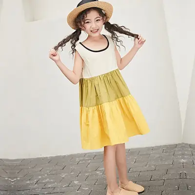 Girls Sleeveless Dress Yellow Green Summer Korean Style