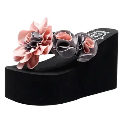 Women's 3cm Flower Wedge Flip Flops Black