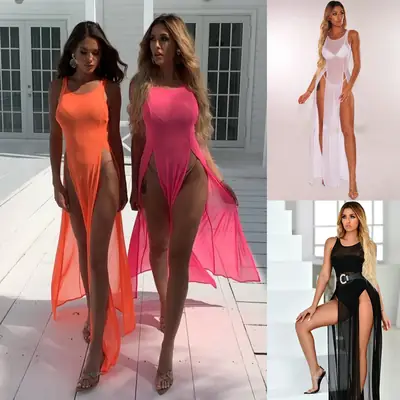 Orange Mesh Split Swimsuit with High Slit