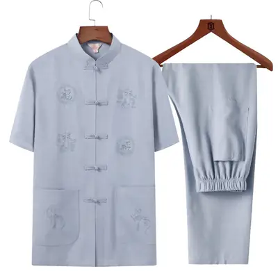Men's Light Blue Linen Tang Suit Summer