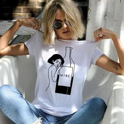 Women's Graphic T-Shirt with Wine Bottle Design