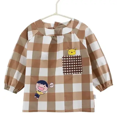 Baby's Plaid Waterproof Aprons Long Sleeve Anti-Dirty