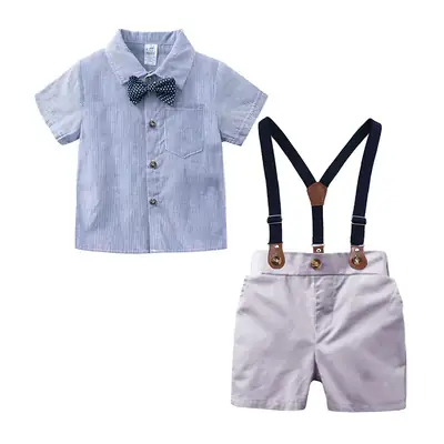 Baby Boys Blue Shirt with Bow & Beige Shorts Set