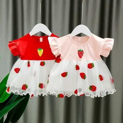 Baby Dress Strawberry Print Lace Mesh Summer