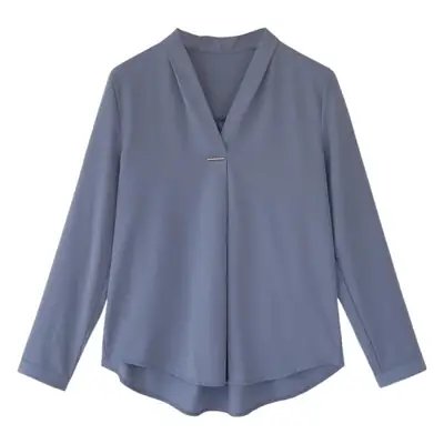Women V Neck Chiffon Shirt Red Long Sleeve