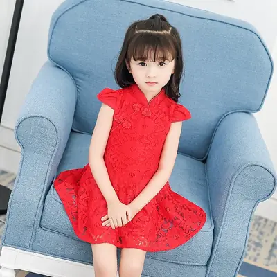 Red Lace Mesh Girl's Dress for Summer