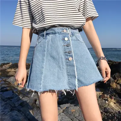 Women Denim Shorts High Waist Buckle Irregular Edge