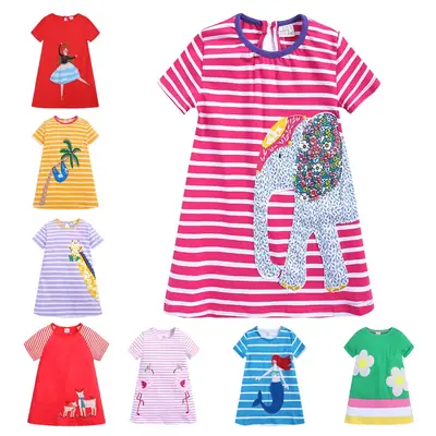 Girls Mermaid Striped Cotton Dress Blue Short Sleeve