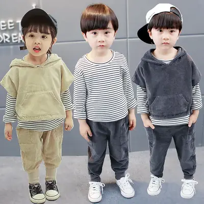 Korean Style Kids Hoodie Set Brown Grey Striped Pants