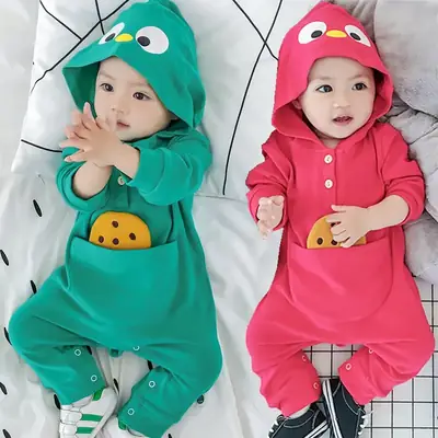 Baby Hooded Onesies Green Pink Long Sleeve Romper