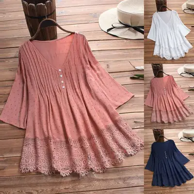 2024 Jacquard Pleated Lace Hollow V-Neck Shirt for Women