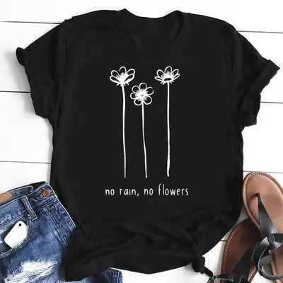 Men Women Red T-Shirt No Rain No Flowers Cotton