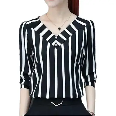 Women Striped Top Loose Fit Cross Border Summer Shirt