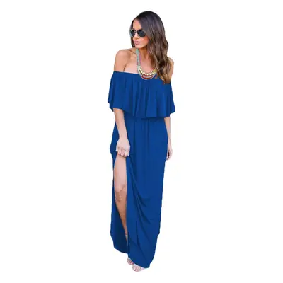 Ruffled Off-Shoulder Long Dress Pink with Pockets