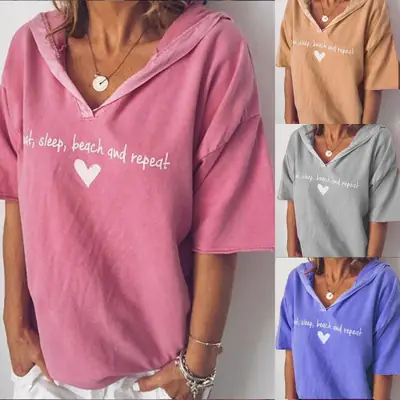 European American Women's Brown Letter Print Hooded T-Shirt Plus Size