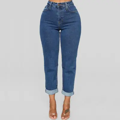 Women High Waist Blue Cropped Jeans 2025