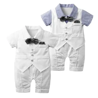 Baby Jumpsuit Boys White Blue Bow Tie Vest