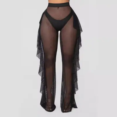 Blue Ruffled Mesh Beach Pants with Hollow Back Design