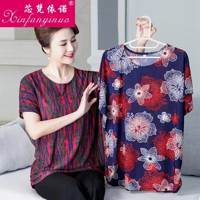 Ice Silk Cotton Floral T-Shirt for Women Summer Loose Fit