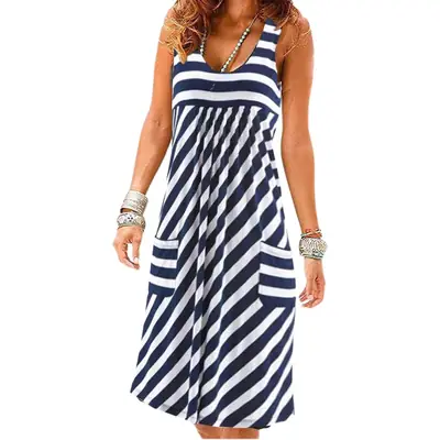 Women Striped Sleeveless Vest Skirt Dress Navy Pink