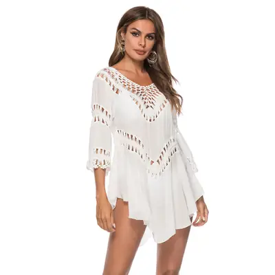 Beige Loose Sleeve Hollow Hand Hook Blouse