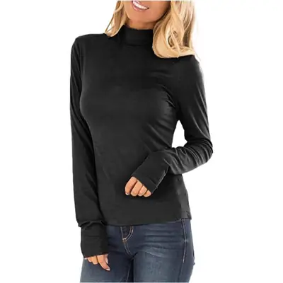 Women Blue Long Sleeve Turtleneck Top