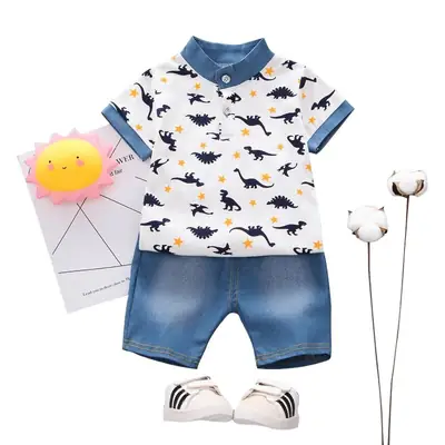 Kids Dinosaur Print Polo Pants Set Blue