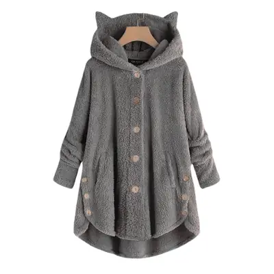 Women Button Hooded Cat Ear Plush Jacket Brown