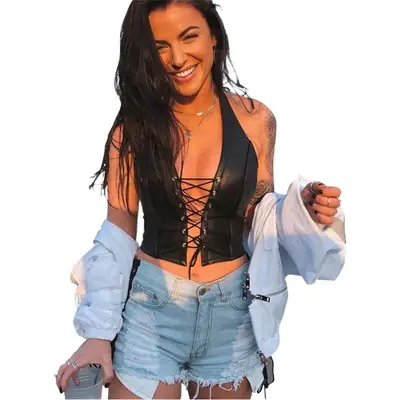 Women's Black Lace-Up Hollow Out Vest with Light Jacket