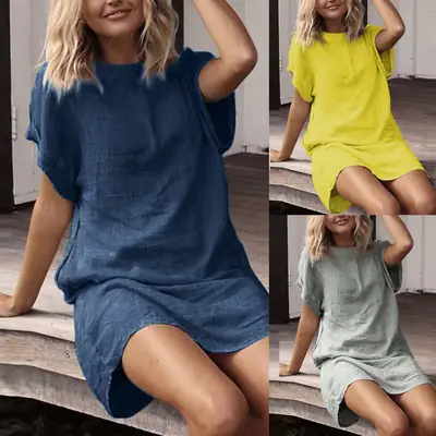 Spring Loose Cotton-Linen Dress with Mini Skirt