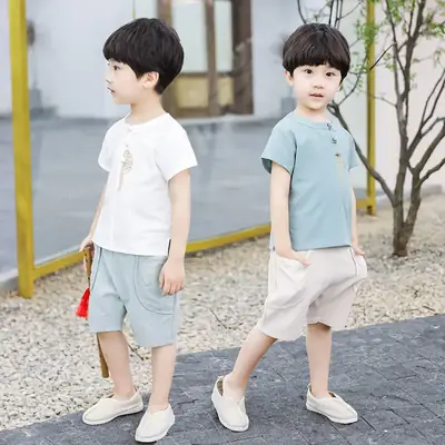 2025 Boys Tang Suit Cotton Linen Short Sleeve Han Style Summer