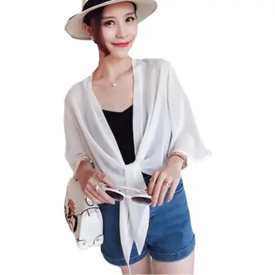 Women Chiffon Shawl Jacket White UV Protection Summer Top