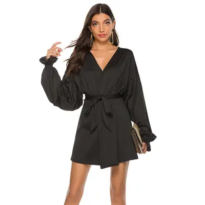Black Tie Dress with Puff Sleeves V-Neck Long Sleeve