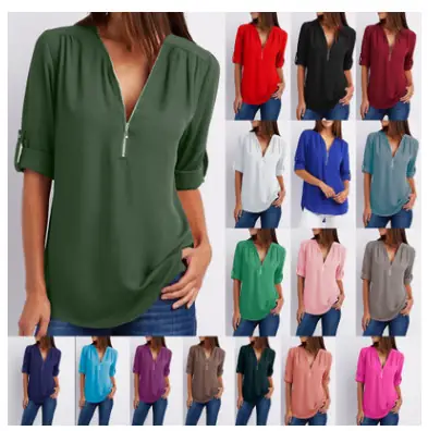 Blue V-Neck Zipper Chiffon Shirt Large Women