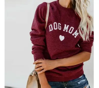 Dog Mom English Letters Sweater Maroon Long Sleeve